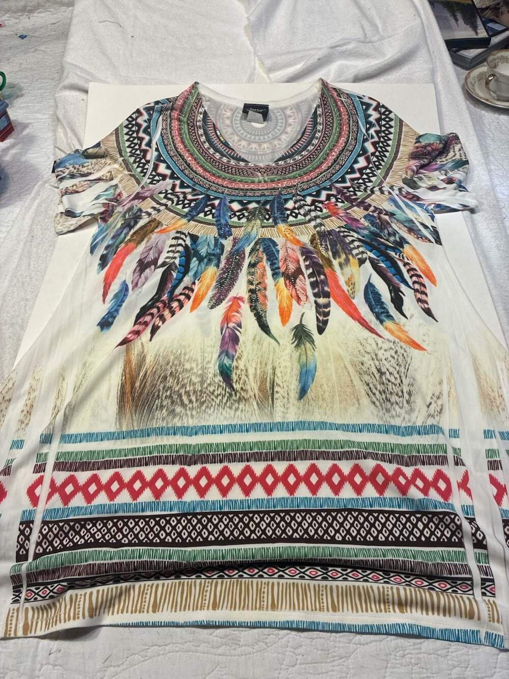 Jostar Women's Feather Graphic Print Rhinestone Boho Tunic Top Size S